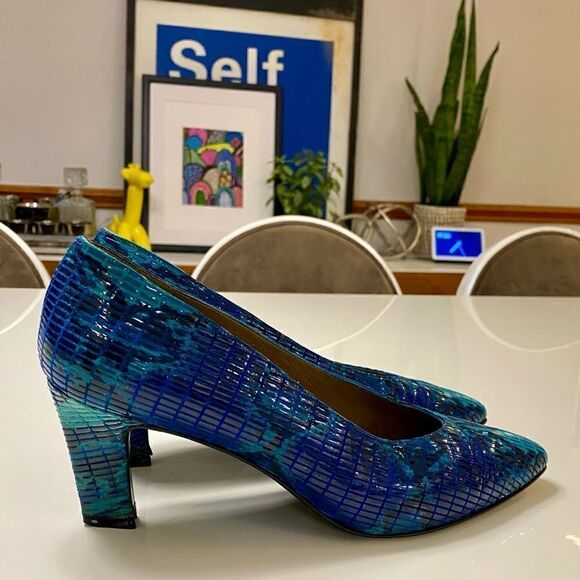 RARE 1980’s Disco Style Stuart Weitzman Teal Blue Snakeskin Embossed Heels - Picture 3 of 10